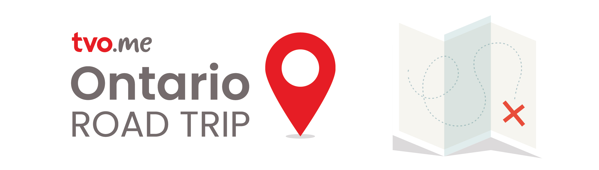 A full width image with the words TVO.me Ontario Road Trip next to a pin marker for a map and a half-folded map featuring a dotted line and a big red X.