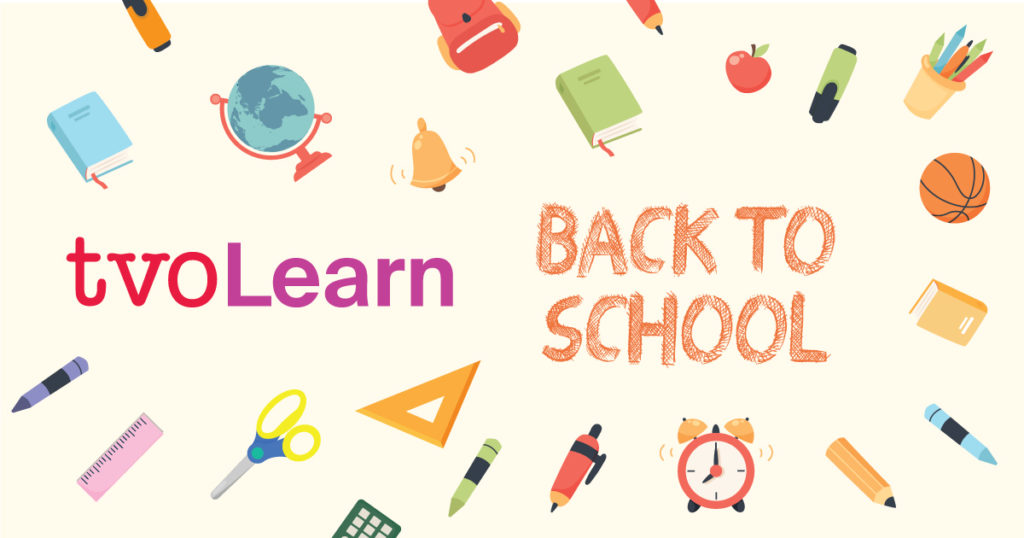 Playful graphic illustration with TVO Learn logo and Back to School in capital letters